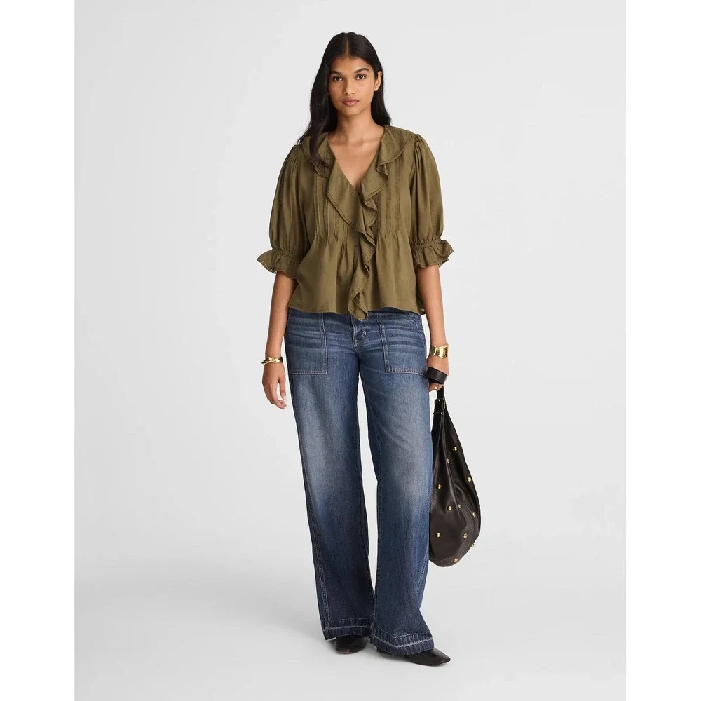 NWT Madewell Pintucked Ruffled Puff Sleeve Top Blouse Green Faded Ivy Small